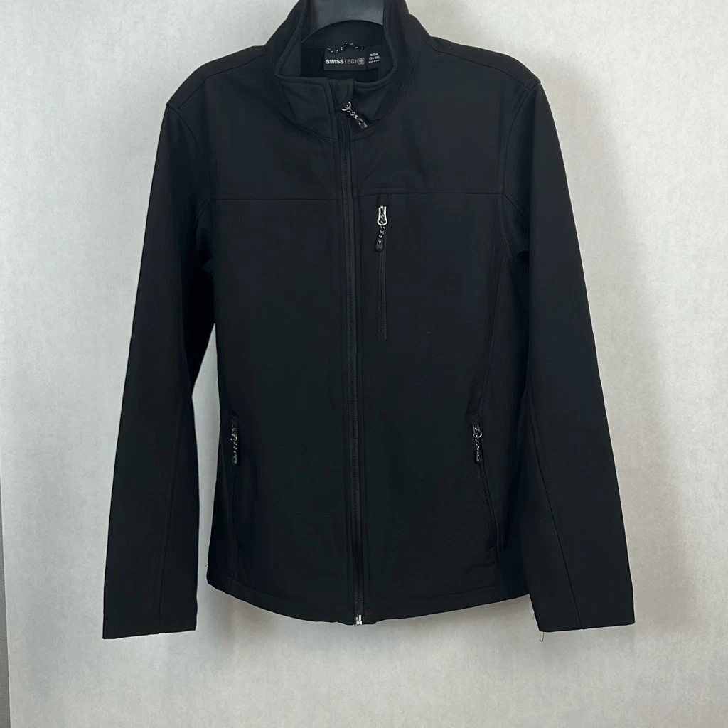 Swiss Tech Mens Softshell Jacket Sz Small Black Front Zip Hand Pockets