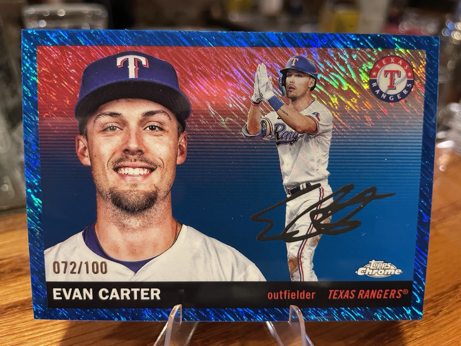 2025 Topps Chrome Platinum #198 Evan Carter Blue Shimmer Refractors #/100