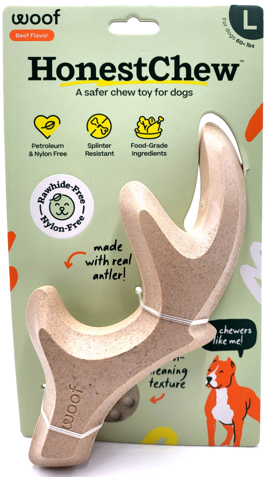Woof HonestChew Large Durable Antler Beef Flavor 60+ lbs Dog Chew Toy 9.5"
