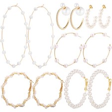 6 Pairs Pearl Hoop Earrings for Women Hypoallergenic Earring Bohemian Oval Earri