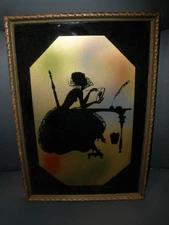 Vintage Framed Reverse Painted Silhouette Lady at Desk 8.5 x12.5  EUC