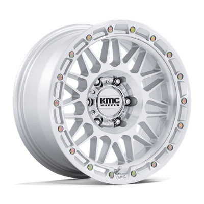 (4) KMC KM555 ATTACK GLOSS SILVER W/ MACHINED FACE RIMS: 17x8.5, 6x135, 0 mm