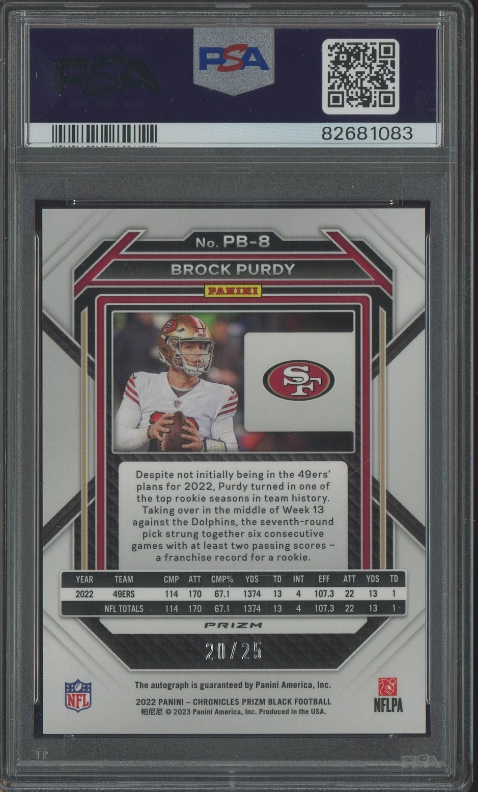 2022 Chronicles Prizm Black Orange Brock Purdy RC Rookie AUTO 20/25 PSA 10 view 2