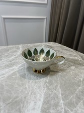 Vintage Scherzer Bavaria Germany Pedestal Teacup Gold Trim Green Leaf