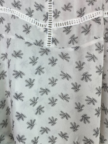 PBO White Grey Leaf Print Blouse Round Neck Long Sleeve Sheer UK 6 - Picture 11 of 13