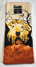 KAY DEE DESIGNS KITCHEN TOWELS (2) BLACK CAT PUMPKIN TREE 100% COTTON NIP