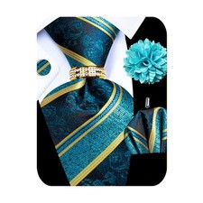 5PCS Mens Silk Designer Tie, Pocket Square, Teal Striped Tie Set -352 6