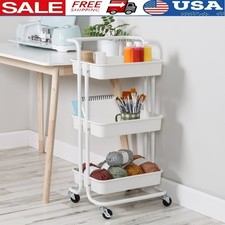 White Metal Rolling Craft Cart Storage Organizer 3 Shelves Wheels Arts Supplies