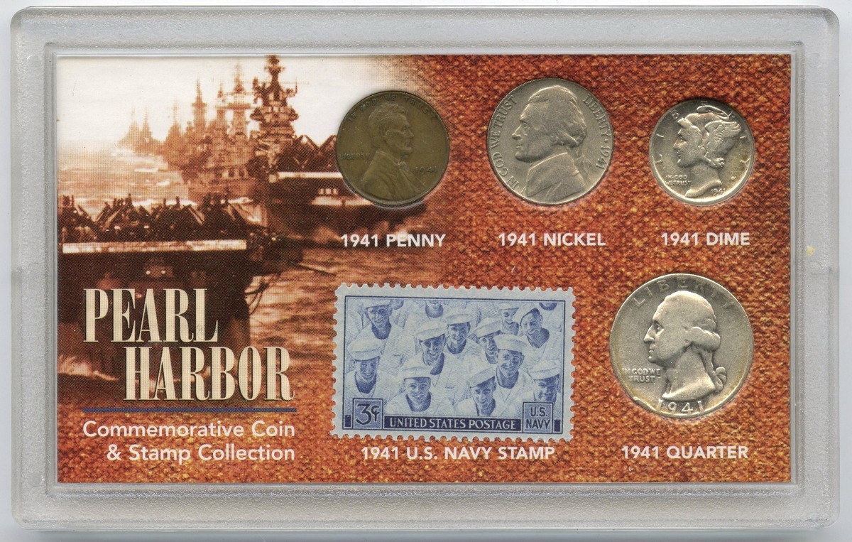 Pearl Harbor 1941 Coin + Stamp Set Silver Quarter Mercury US Navy