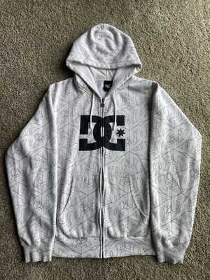 Y2K DC Shoes Full Zip Hoodie All Over Print Spell Out Skater White Mens Size XL