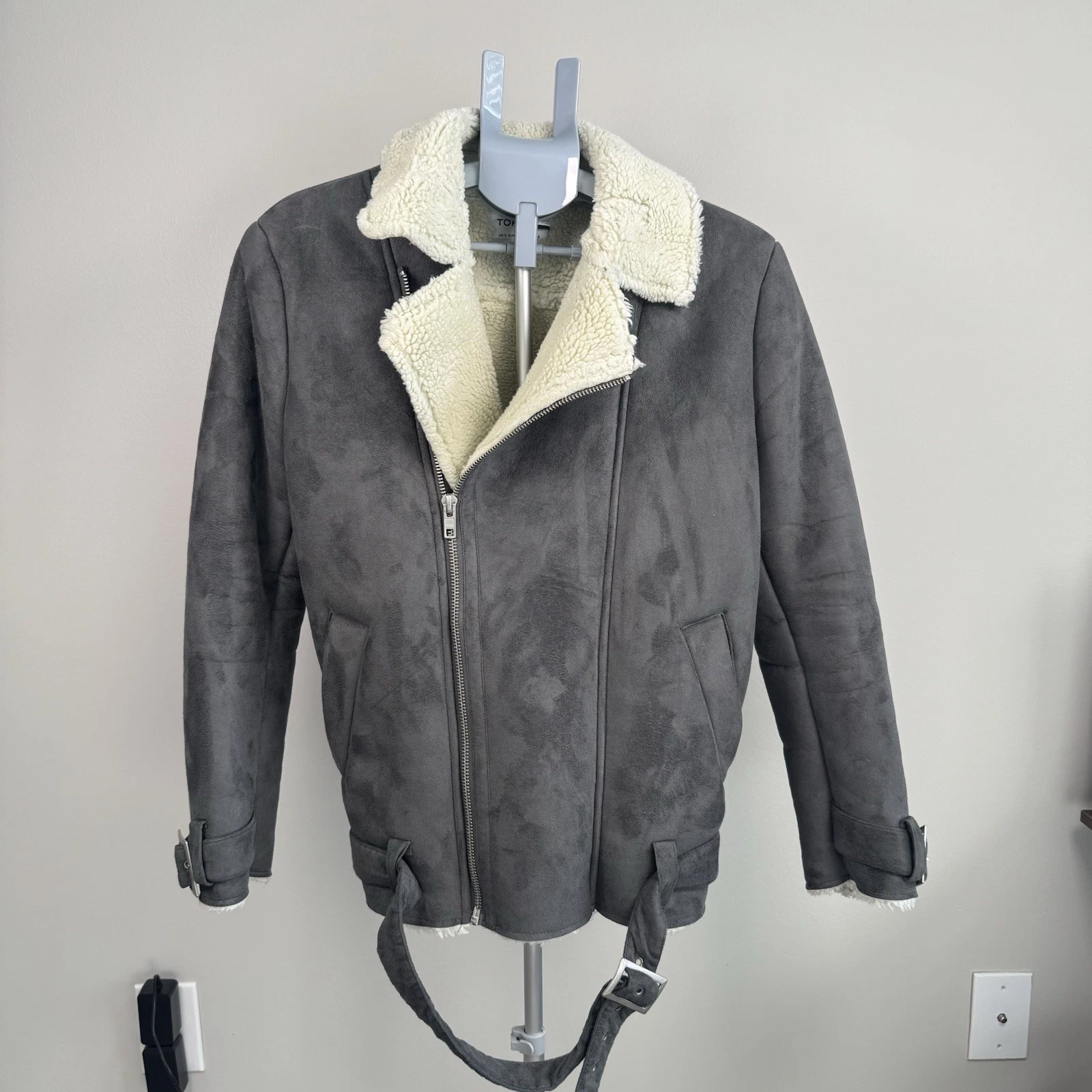 Topman Gray Faux Shearling Jacket Coat - Men's Size Small -  Zipper Closure image 1