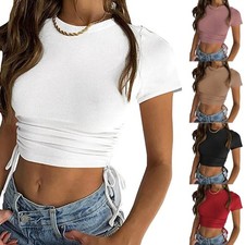 Womens Short Sleeve Round Neck Crop Top Ribbed Drawstring Ruched Shirt