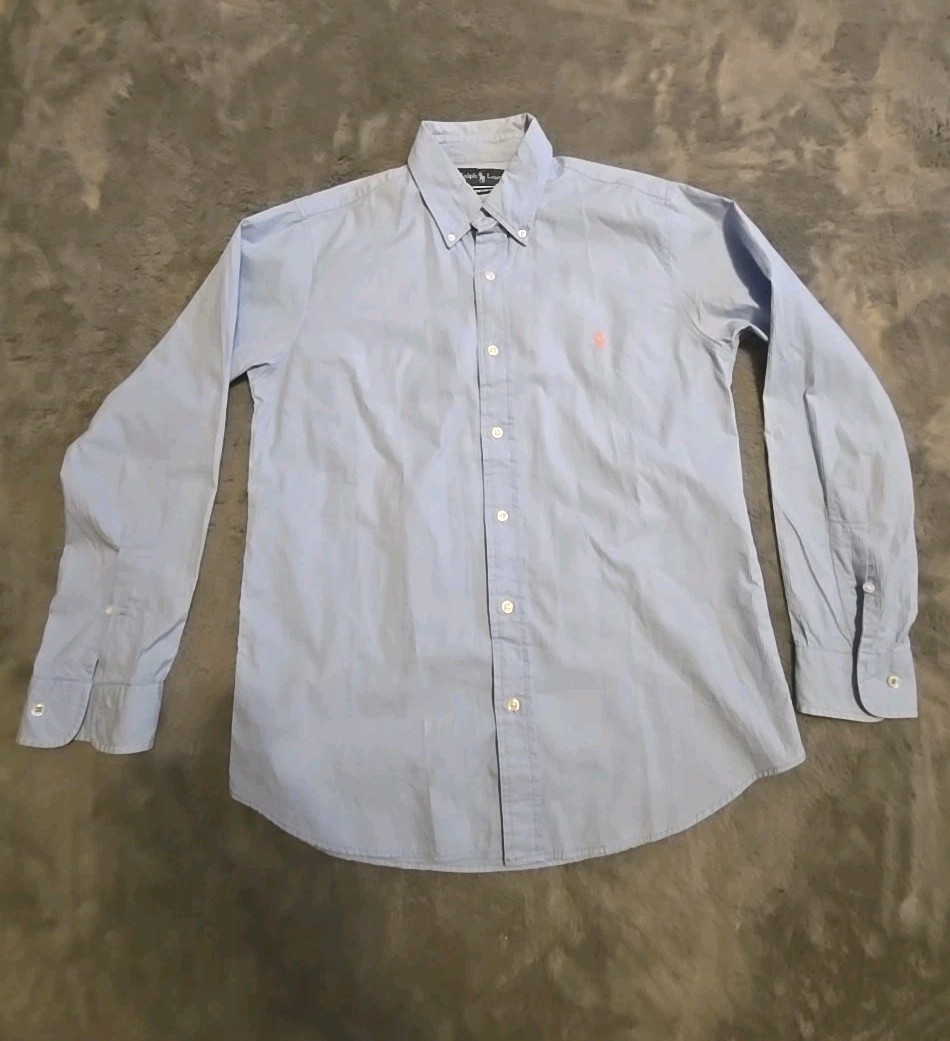 Ralph Lauren Women L Blue Cotton Oxford Shirt Pink Pony Custom Fit Measure 19X27