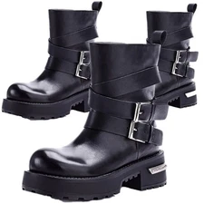 Combat Riding Ankle Boots Women Genuine Leather Round Toe Platform Creeper Shoe