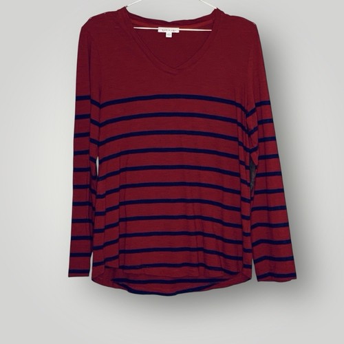 Orvis Top Womens Size Medium V Neck Striped Shirt Long Sleeve Elbow Patches - Picture 2 of 8