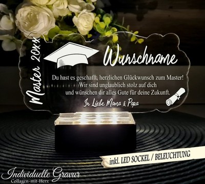 Geschenk Master Abschluss Acrylglas Aufsteller inkl. Gravur Schulabschluss LED