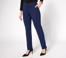 Susan Graver Regular Sleek Ponte Straight Leg Trouser - Navy Sz M a667506