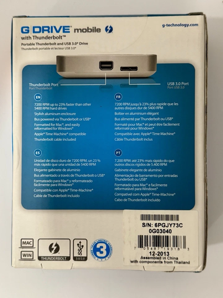 G-Technology G-Drive Mobile Portable USB 3.0 Drive 1 TB 7200 RPM Black 0G03234 - Image 3 of 3