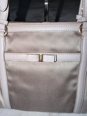 Salvatore Ferragamo Vara Bow Nylon Tote Bag Taupe Gray Leather