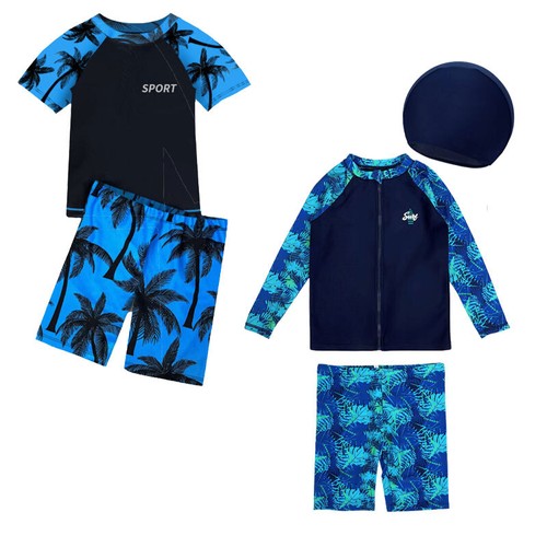 Kids Boys Rash Guard Set Printed Short Sleeve Swim Tops with Shorts Bathing Suit - Picture 8 of 11
