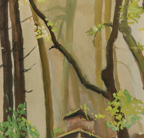 Quadro vintage impressionista guazzo casa foresta paesaggio - Foto 13 di 20