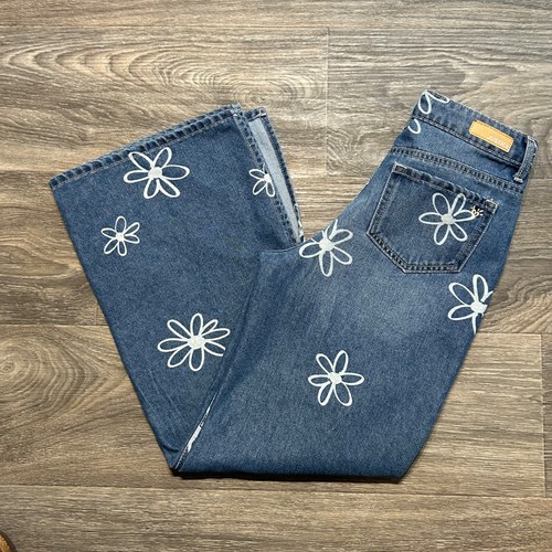 Justice Girls SZ 16 Wide Leg Flower Jeans Side Slit Y2K Floral Denim Daisy 70's - Picture 13 of 15