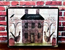 Saltbox House Pumpkins Pheasants Tiered Tray Sign Shelf Sitter Block 3.5X4.5