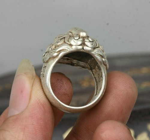 Anello a mano 2,5 cm vecchio cinese Miao argento Qilin bestia Kylin testa bestia gioielli - Foto 5 di 5