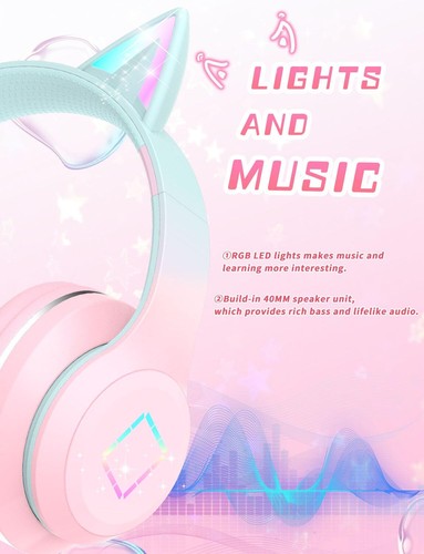 Bluetooth Kids HeadphonesCat Ear LED Light Up Kids Wireless HeadphonesBluetoo... - Picture 2 of 7