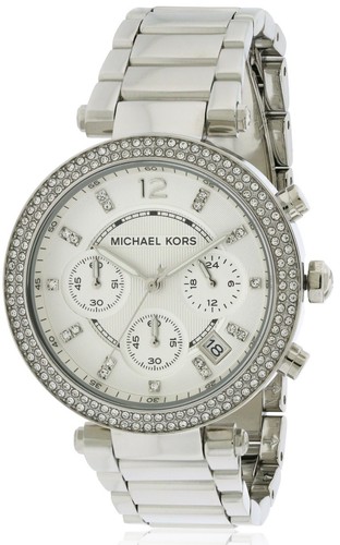 NEW MICHAEL KORS PARKER SILVER TONE CHRONOGRAPH,CRYSTAL BRACELET WATCH-MK5353