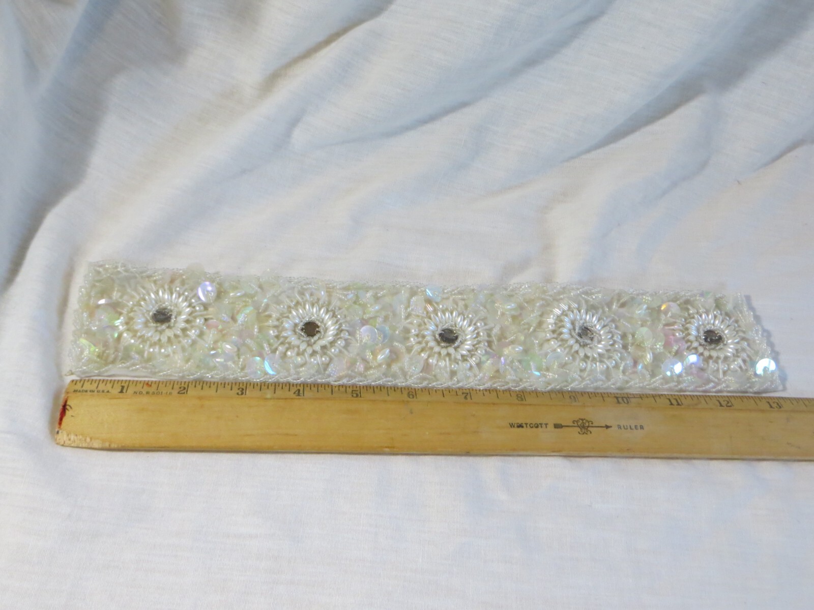 Vintage Roth Co. Embroidered Sequin Faux Pearl Bridal Trim Fabric 13.25 x 2.25" thumbnail 5
