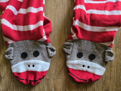 NICK & NORA Sock Monkey Red & White Striped Adult Small Pajamas With Pockets - Picture 6 of 16