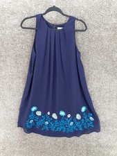 Ann Taylor Loft Dress Womens 4 Blue Embroidered Floral Hem Sleeveless Shift