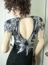 VINTAGE LAURENCE KAZAR BLACK SILK W/SEQUINS, BEADS EVENING "STAR" GOWN SIZE 8