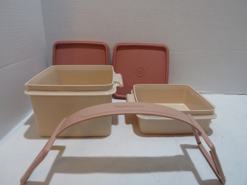 VTG TUPPERWARE LUNCH CONTAINER SET W/HANDLE & 2 CONTAINERS W/LIDS/ROSE - Picture 2 of 10