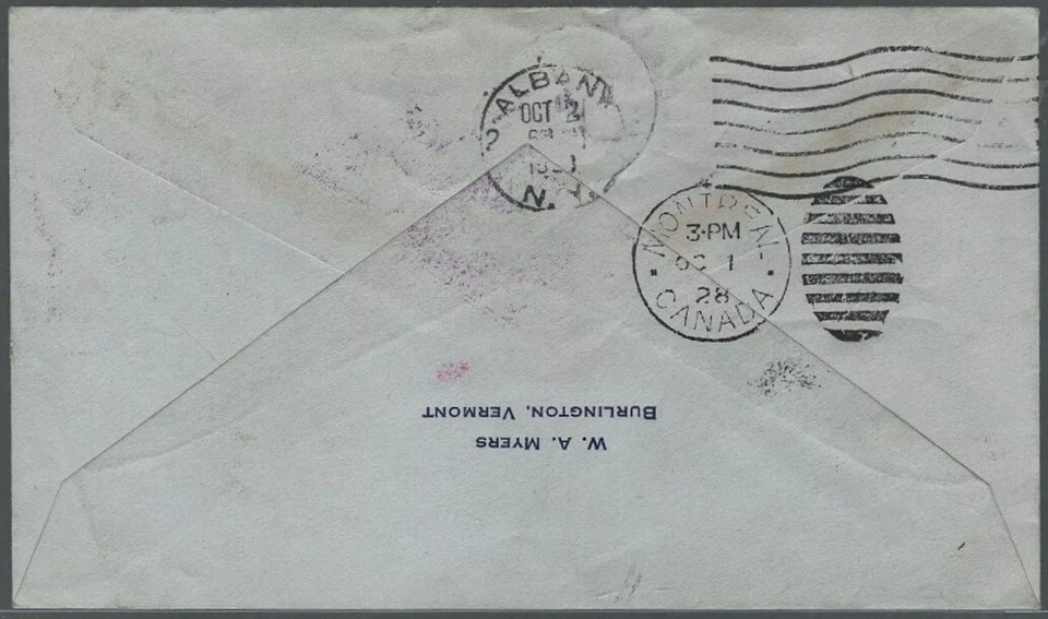 US First Flight Cover New York to Montreal Canada Burlington Vermont