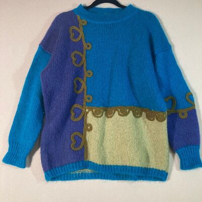 Express Tricot Sweater Vintage Color Block Hand Knit Bright Colors Mohair Blend