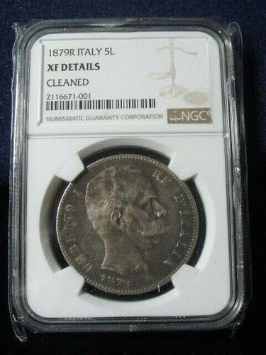 ITALY KINGDOM 1879-R  5 LIRE COIN, XF DETAILS, CLEANED, NGC CERTIFIED XF DETAILS