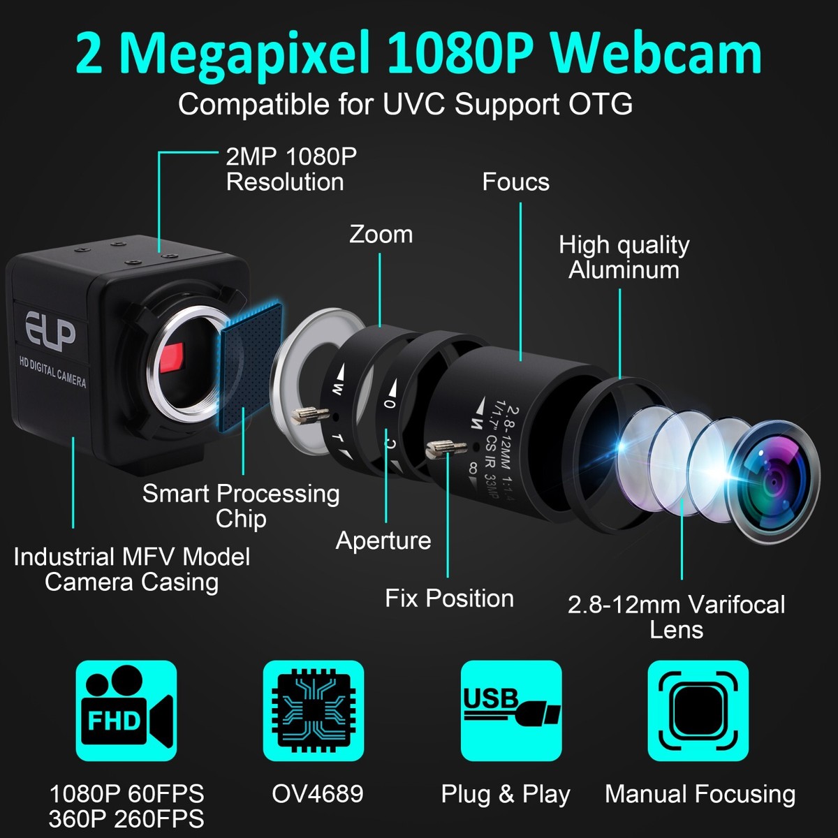 Webcam ELP 260fps Full HD Telecamera Grandangolare OmniVision OV4689 Color Cmos Module Camera With Usb 260fps