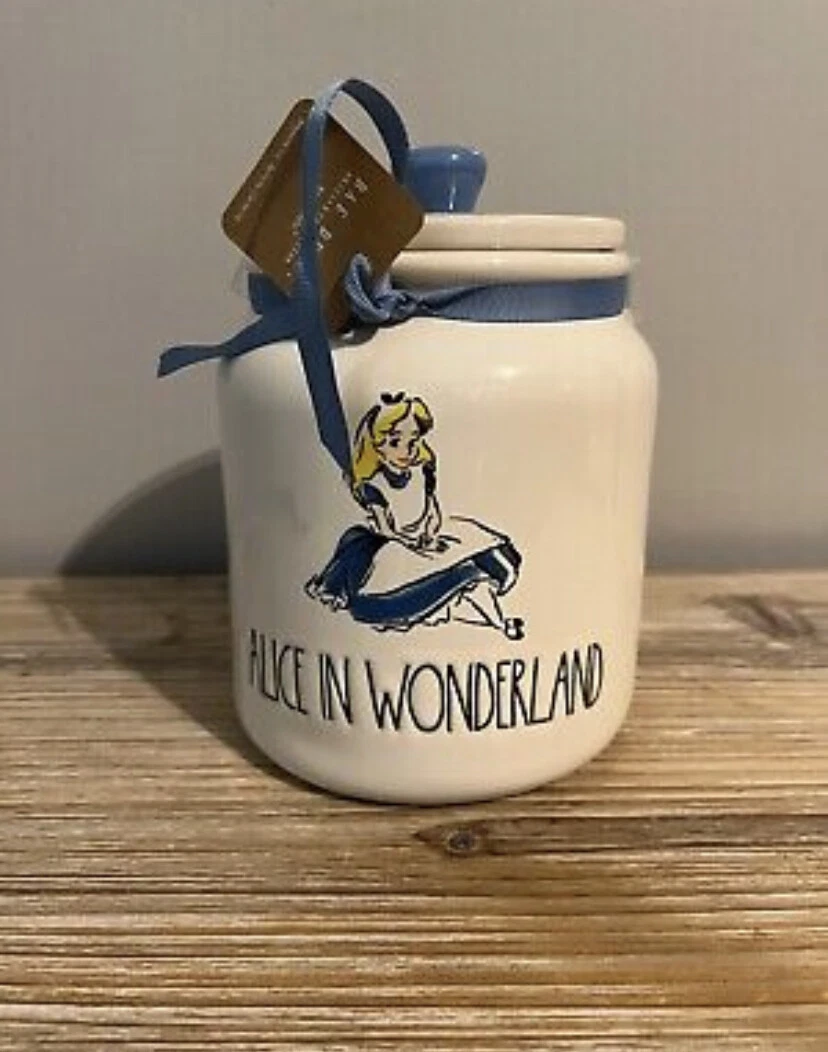 Rae Dunn Disney "ALICE IN WONDERLAND" Canister With Blue Handle 7” Tall