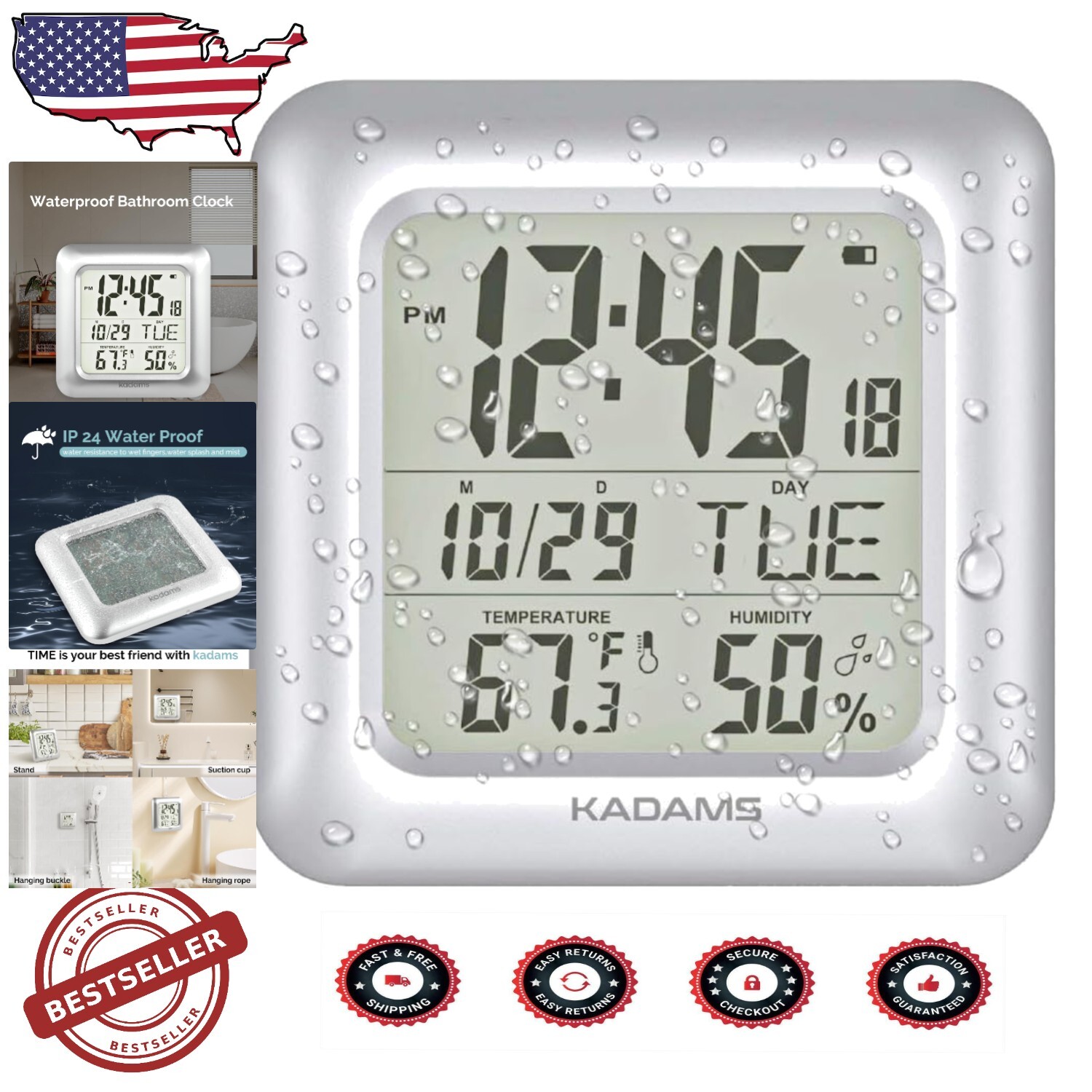 Modern Silver Waterproof Wall Clock with Humidity Display & Multi-Language Calendar