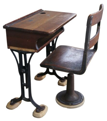 Antique Pine Chandler Boston Adjustable Childs School Desk & Chair Iron Base - Picture 3 of 12