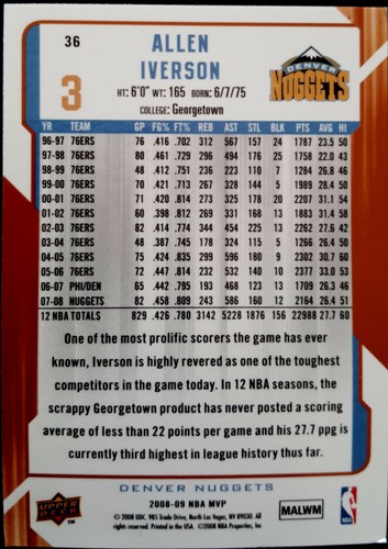 2008-09 Upper Deck MVP #36 Allen Iverson Denver Nuggets - Picture 2 of 2