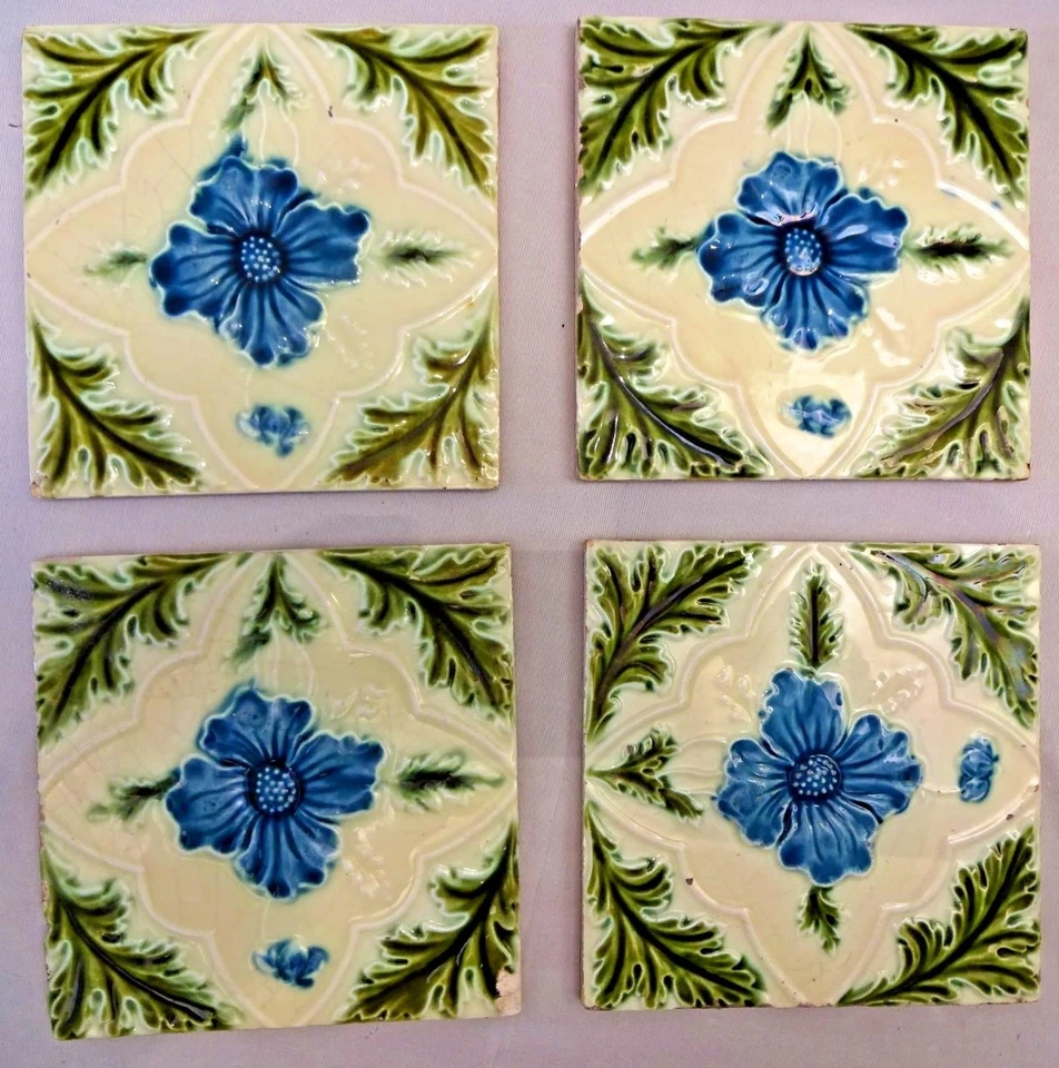 TILE MAJOLICA VINTAGE ENGLAND ART NOUVEAU PORCELAIN FLOWER PURPLE 4 PIECE SET#11 - Image 3 of 4