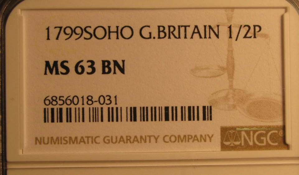 1799 SOHO Great Britain UK Half 1/2 Penny World / Foreign Coin NGC MS 63 BN #502 - Image 2 of 4