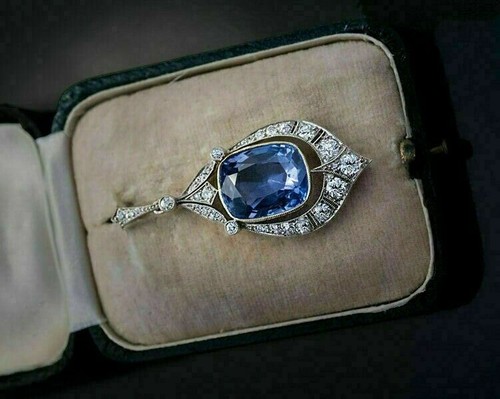 3Ct Cushion Blue Tanzanite Vintage Pendant 14K White Gold Finish Free Chain - Picture 2 of 5
