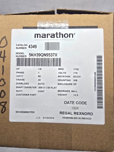 NEW MARATHON 1/6 HP ELECTRIC MOTOR 115V 1 PHASE 48 FRAME 1725 RPM 5KH39QN9537X - Picture 7 of 8