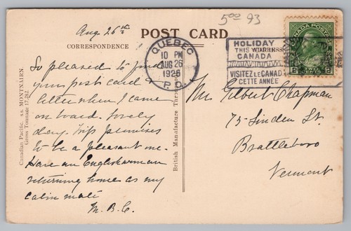Postcard SS Montnairn Canadian Pacific Transatlantic Passenger Liner Posted 1926 - Picture 2 of 2