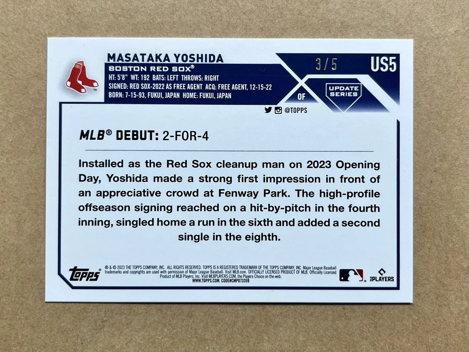 2023 Topps Update Masataka Yoshida Rookie Debut /5 Witch Hat Foil Boston Red Sox - Image 2 of 2