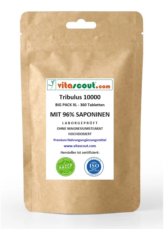 VITASCOUT.COM Tribulus Terrestris 10000 - 360 Tabletten EXTRAKT 30:1, HOCHDOSIERT 96% Saponine